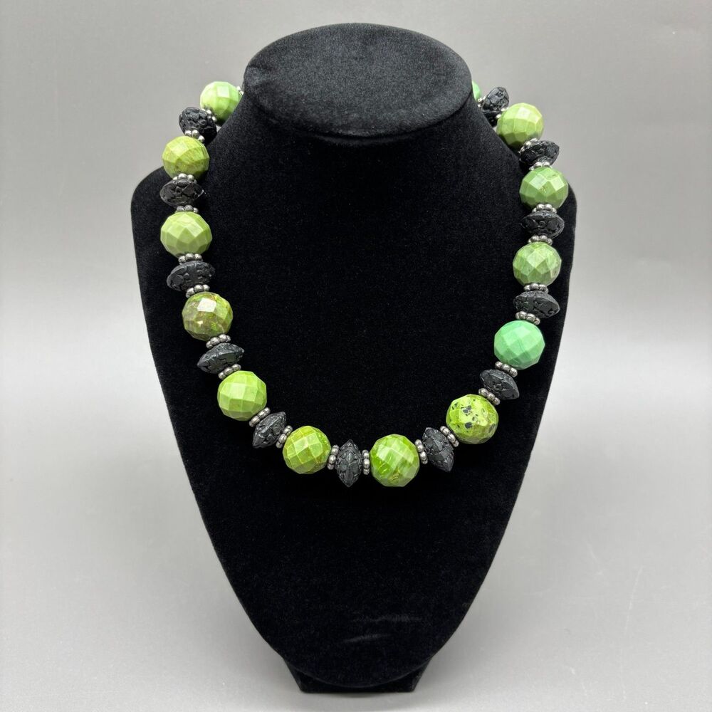 Faceted Serpentine Stone Necklace Black Onyx Donut Hand Carved Black Beads